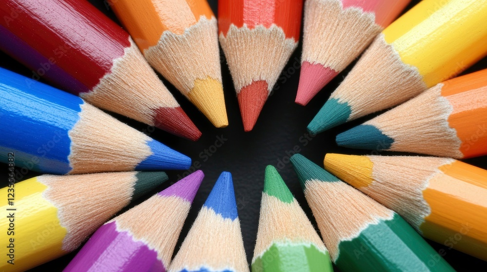 Colorful Pencils Arranged in a Circle on Black Background Colorful Pencils Arranged in a Circle on Black Background