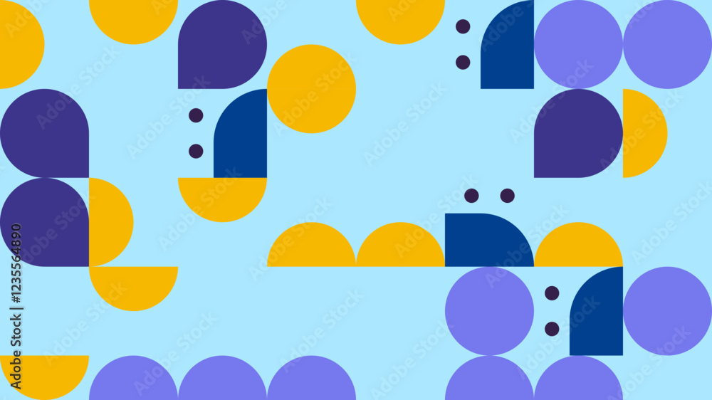 Modern Geometric Seamless Pattern with Abstract Shapes in Blue, Yellow, and Purple on White Background Modern Geometric Seamless Pattern with Abstract Shapes in Blue, Yellow, and Purple on White Background