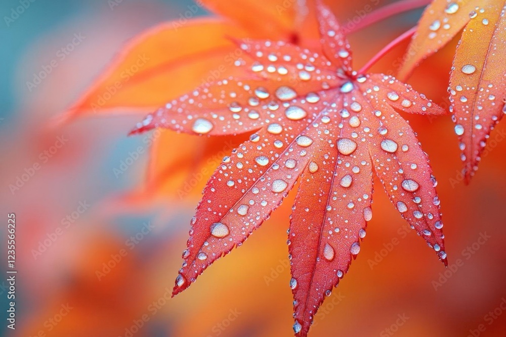 Closeup of Dew-Covered Orange and Red Autumn Maple Leaves Closeup of Dew-Covered Orange and Red Autumn Maple Leaves