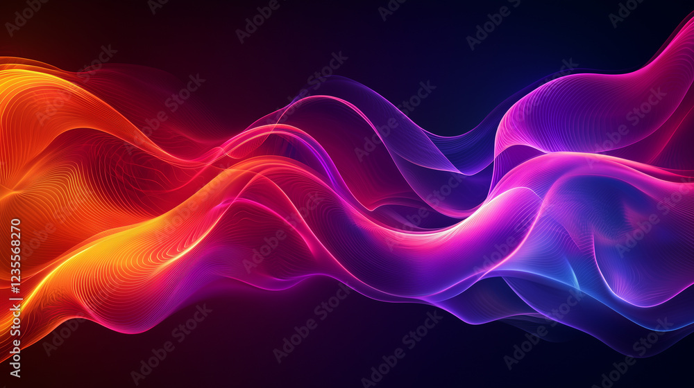 Abstract background featuring a blend of vibrant orange, red and purple wavy lines on a dark background Abstract background featuring a blend of vibrant orange, red and purple wavy lines on a dark background
