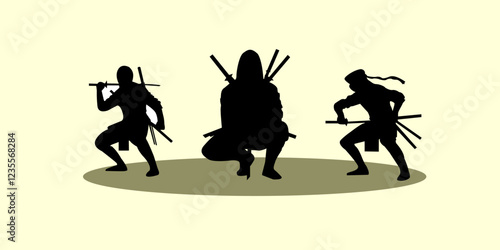 Graphic set of silhouette ninja illustration. Shadow of assasin character icon. Vector design.