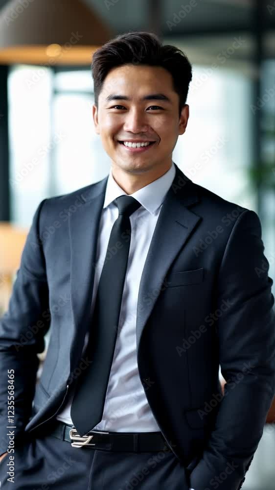 Asian Businessman Smiling Confidently in Office, Wearing Suit and Representing Professional Success Asian Businessman Smiling Confidently in Office, Wearing Suit and Representing Professional Success