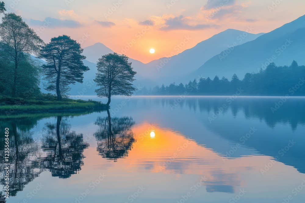 Fototapeta premium Serene Sunrise Reflections on a Tranquil Lake with Calm Waters - Nature's Beauty Captured in Early Morning Moment