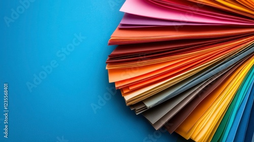 Vibrant Color Palette Fan of Colorful Papers on Blue Background