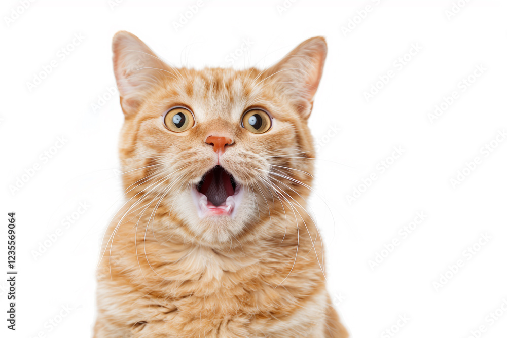 Close-up portrait of a shocked ginger cat with open mouth on white background Close-up portrait of a shocked ginger cat with open mouth on white background