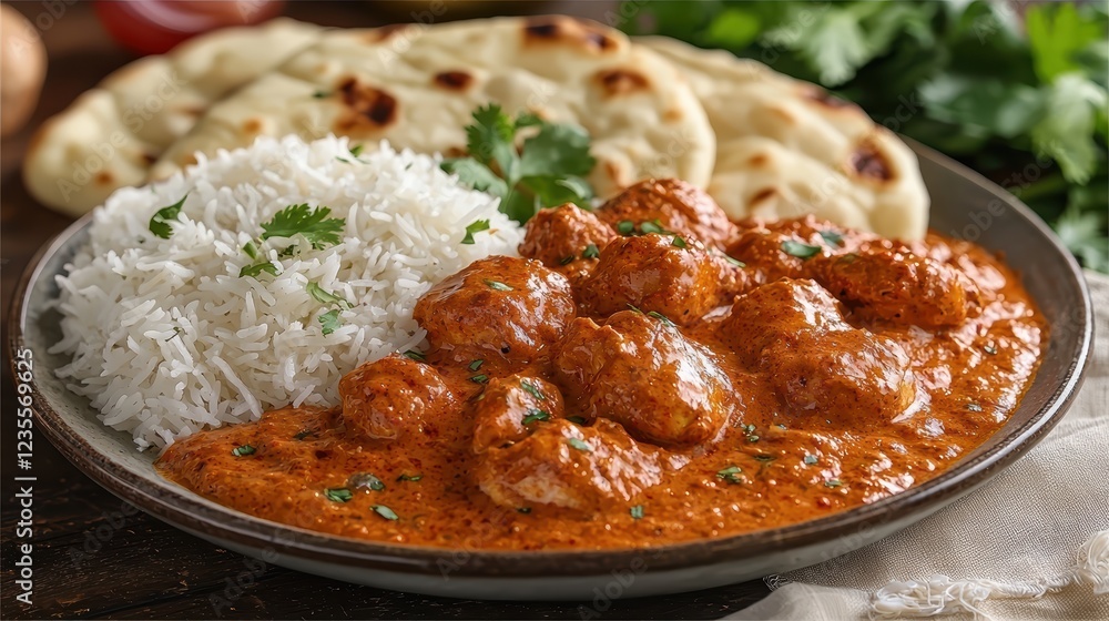 Creamy Indian butter chicken served with naan and basmati rice, rich and flavorful Creamy Indian butter chicken served with naan and basmati rice, rich and flavorful