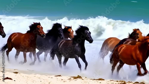 A group of wild horses gallops along the sandy beach, splashing through ocean waves, symbolizing freedom, power, and untamed beauty.