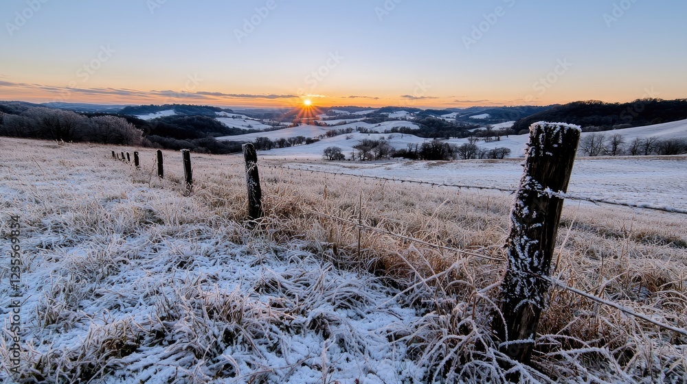 Obraz premium Frosty wooden fence posts stand in a snow-covered rural field at sunrise during a cold winter morning.