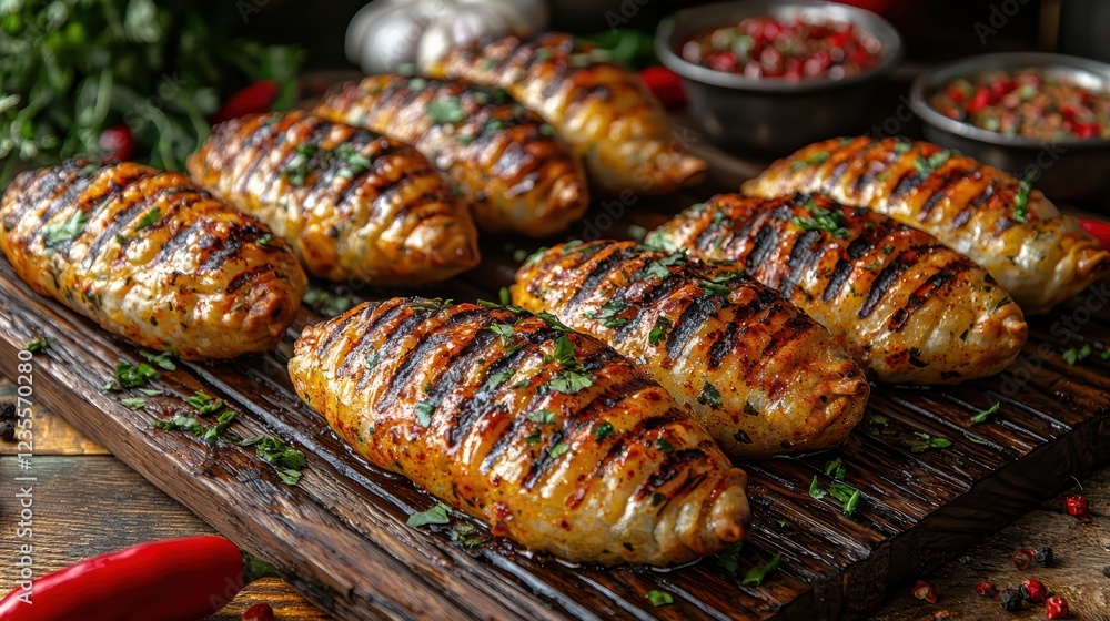 Grilled chicken and vegetables sizzling on a rustic wooden table, ready to serve. Grilled chicken and vegetables sizzling on a rustic wooden table, ready to serve.