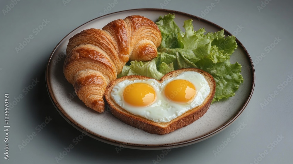 Heart-shaped eggs, croissant, lettuce breakfast