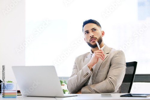 Thinking, laptop and businessman in office for planning, research project and problem solving. Professional, corporate worker and person on computer for solution, company decision and proposal report