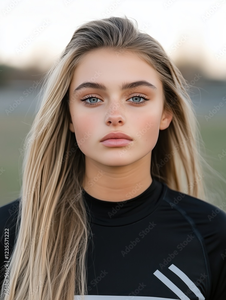 Fototapeta premium Close-up of a young woman with long blonde hair, wearing a black athletic shirt, standing outdoors with a calm, confident expression