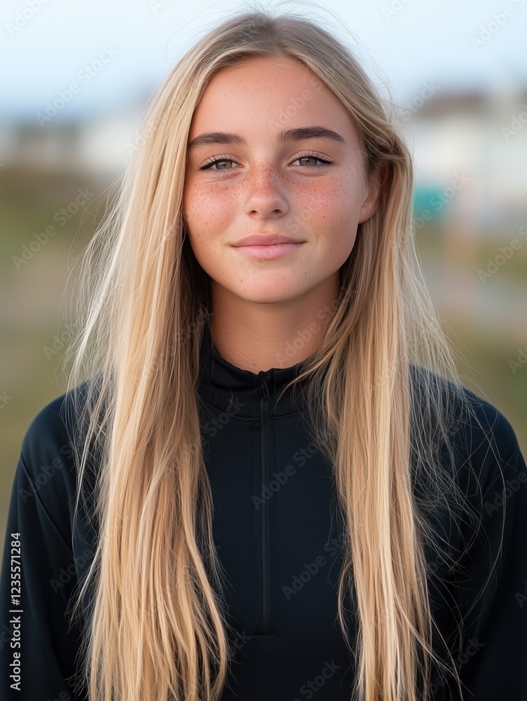 Portrait of a young woman with long blonde hair, wearing a black hoodie, standing outdoors, showing confidence with a slight smile Portrait of a young woman with long blonde hair, wearing a black hoodie, standing outdoors, showing confidence with a slight smile