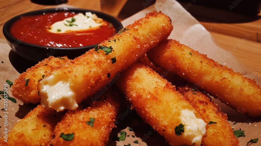 Fried mozzarella sticks with crispy coating served fresh for a savory delight. Fried mozzarella sticks with crispy coating served fresh for a savory delight.