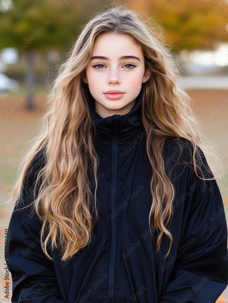 Naklejka premium Portrait of a young woman with long, voluminous blonde hair, wearing a black zip-up jacket, standing outdoors in an autumn setting with a calm expression.