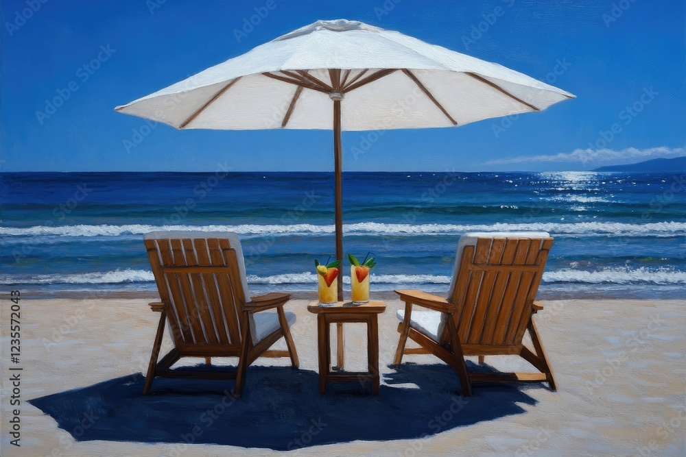 Tranquil Beach Escape: Two Lounge Chairs Under a Beach Umbrella, Enjoying Refreshing Cocktails with an Ocean View Tranquil Beach Escape: Two Lounge Chairs Under a Beach Umbrella, Enjoying Refreshing Cocktails with an Ocean View