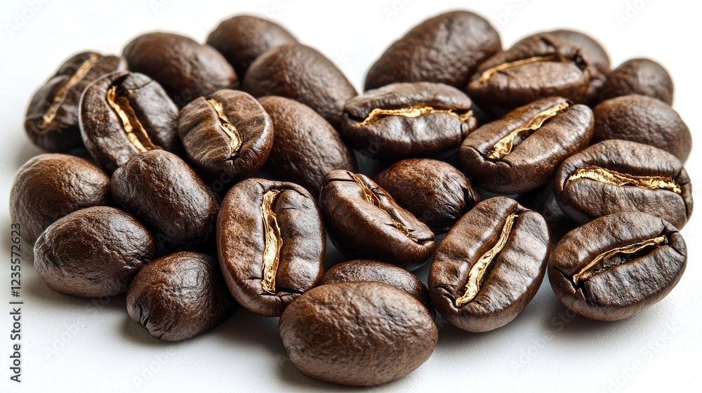 Obraz premium A close-up view of roasted coffee beans scattered on a white surface, showcasing texture