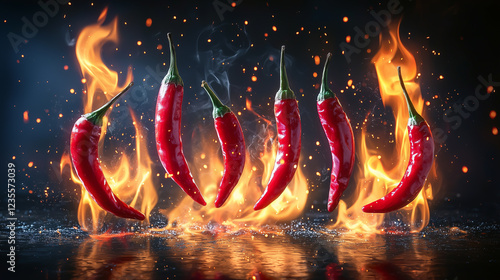 Fiery Red Chili Peppers Floating Above Flames with a Dark Background and Spark Effects photo