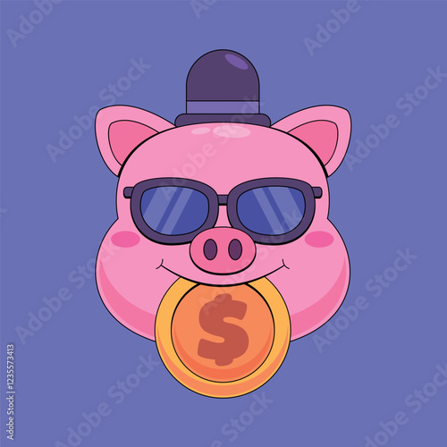 Cute pig bitting dollar coin