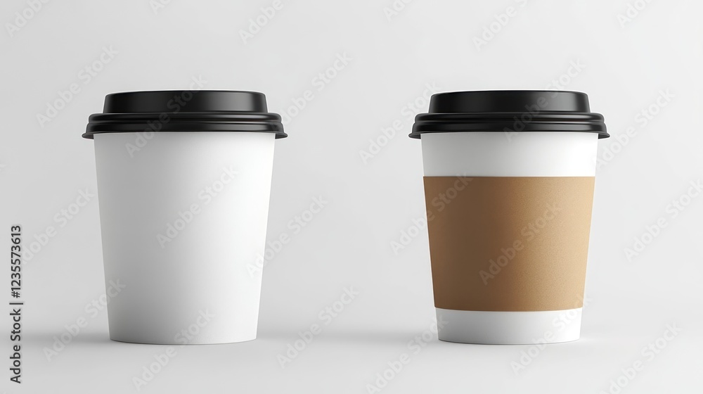 Two blank coffee cups, studio shot, white background, mockup Two blank coffee cups, studio shot, white background, mockup