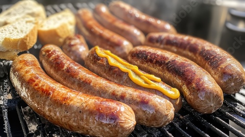 Assorted grilled or smoked sausages served as barbecue food, showcasing delicious variety and flavors. photo