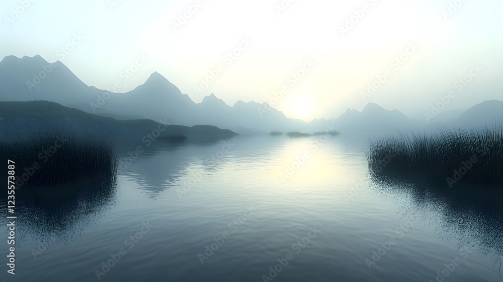 Serene Misty Morning Over Calm Water with Silhouetted Mountains Serene Misty Morning Over Calm Water with Silhouetted Mountains