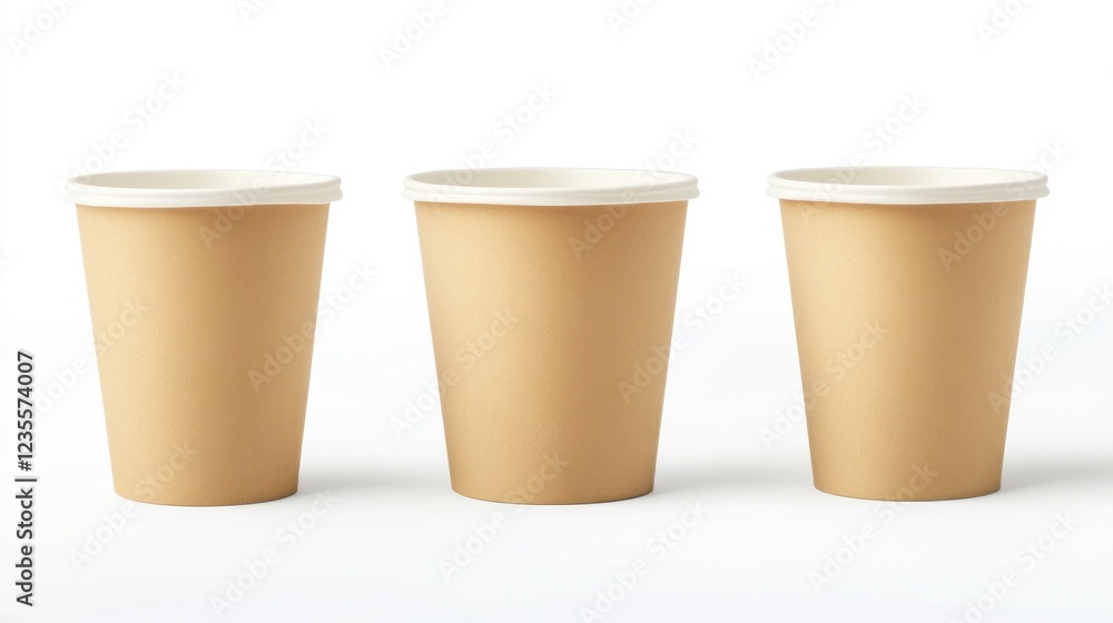 Three kraft paper cups with lids, studio shot, white background, for packaging design Three kraft paper cups with lids, studio shot, white background, for packaging design