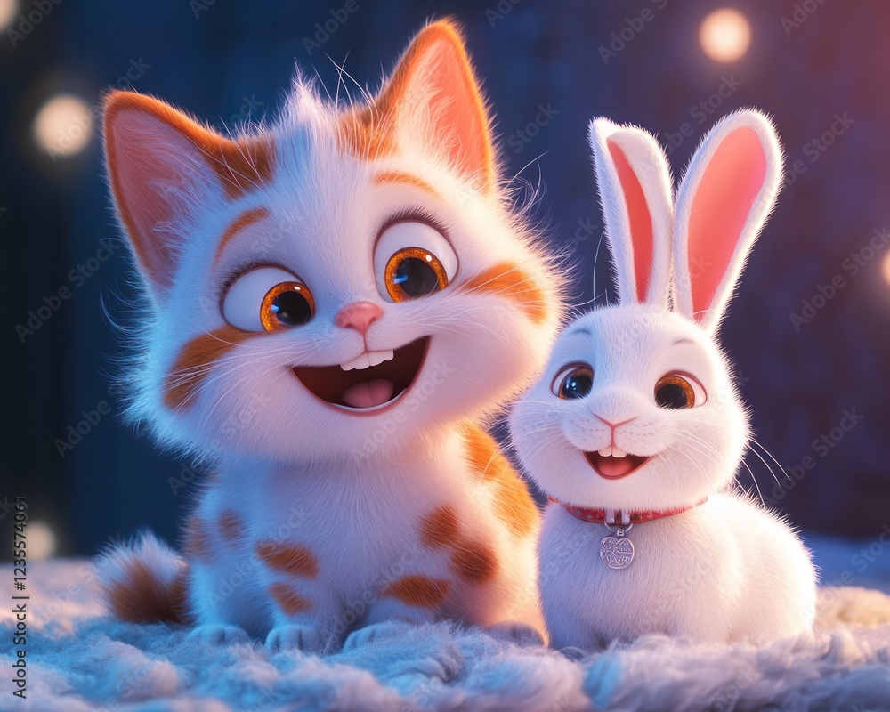 Kitten, bunny, friends, night, bokeh, children's book illustration Kitten, bunny, friends, night, bokeh, children's book illustration