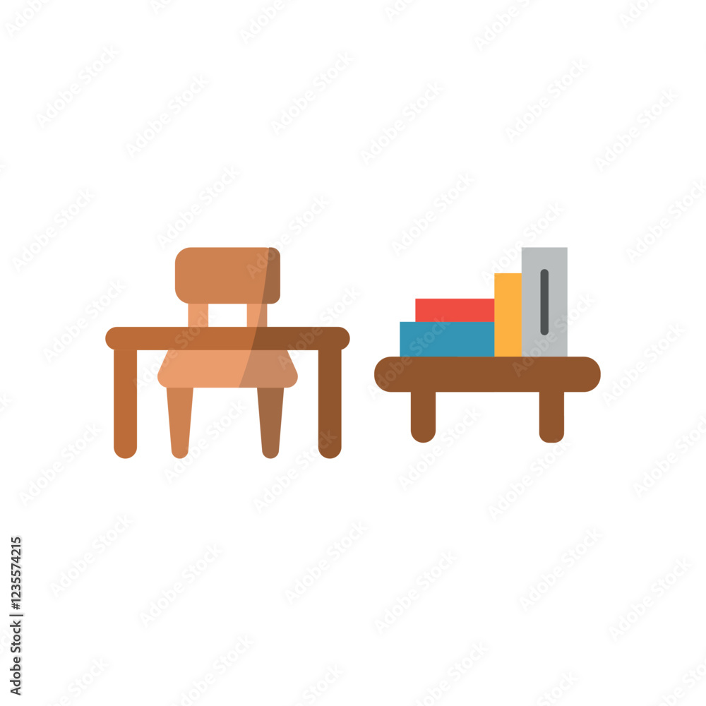 Desk and bookshelf set icon featuring a minimalist yet professional style, ideal for education, home office, and library illustrations. Desk and bookshelf set icon featuring a minimalist yet professional style, ideal for education, home office, and library illustrations.
