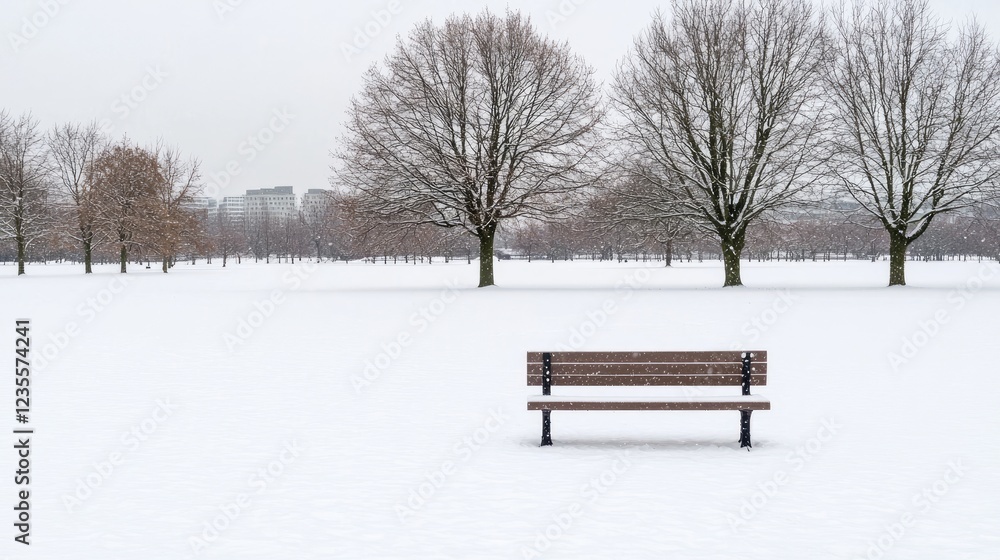 Snowy park bench, winter landscape, city skyline Snowy park bench, winter landscape, city skyline