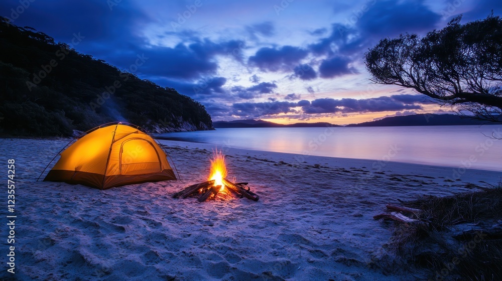 Coastal sunset camping bonfire, tent, beach Coastal sunset camping bonfire, tent, beach