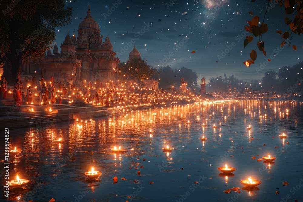 Fototapeta premium Nighttime temple ceremony, floating candles, India