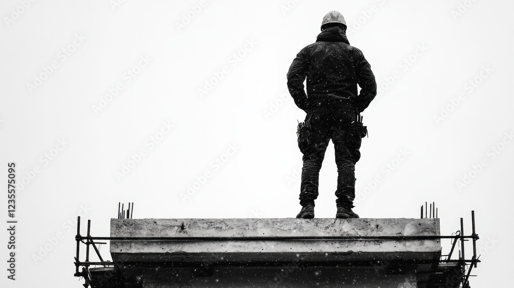 Fototapeta premium Worker standing on a construction site rooftop, observing snowfall in a winter landscape