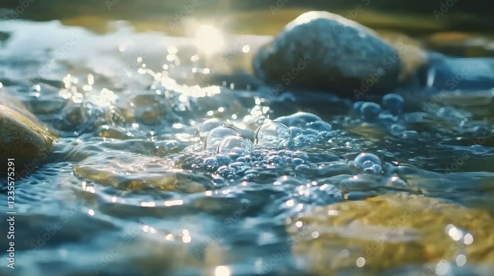 Bubbling Water Over Stones in Sunlight with Sparkling Bubbles Bubbling Water Over Stones in Sunlight with Sparkling Bubbles