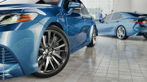 Obraz na płótnie Luxury Blue Car with Shiny Alloy Wheels in Showroom – 3D Rendering Illustration