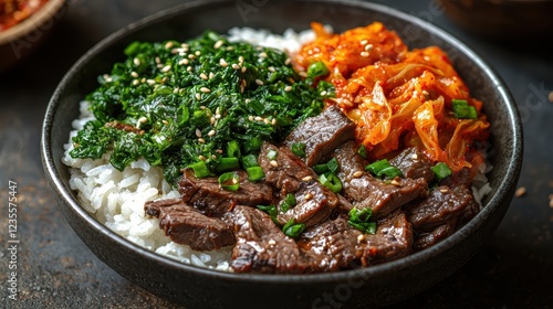 Korean BBQ beef with rice and kimchi, smoky and savory