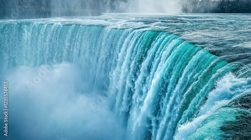 Majestic Niagara Falls cascading, mist rising, dramatic background, travel poster