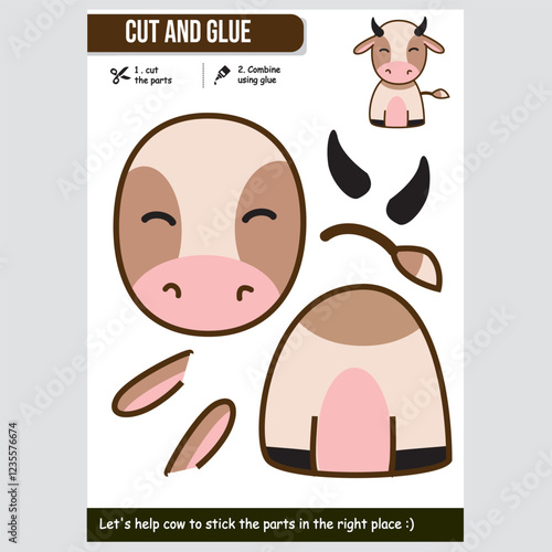 Fun cow cut and glue worksheet for children. Educational kids activity.
