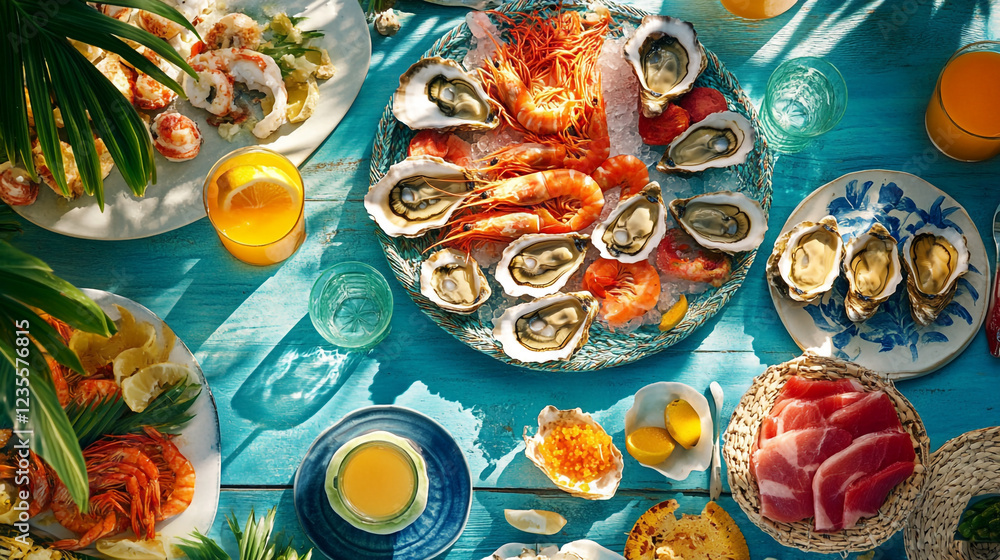 Fototapeta premium Delicious Summer Seafood Platter Oysters Shrimp Lunch Table Sun Menu Ocean Fresh Beach Party Taste