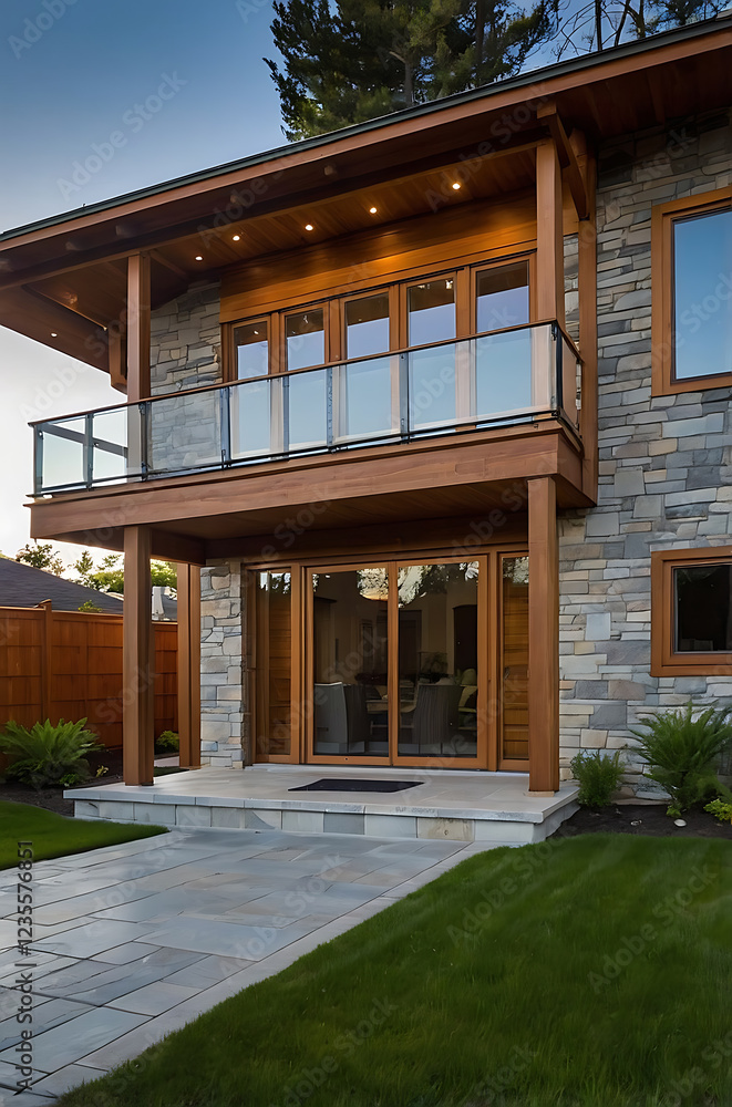 Obraz premium Modern Stone and Wood House Exterior: Luxury Home Design with Balcony and Landscaped Pathway