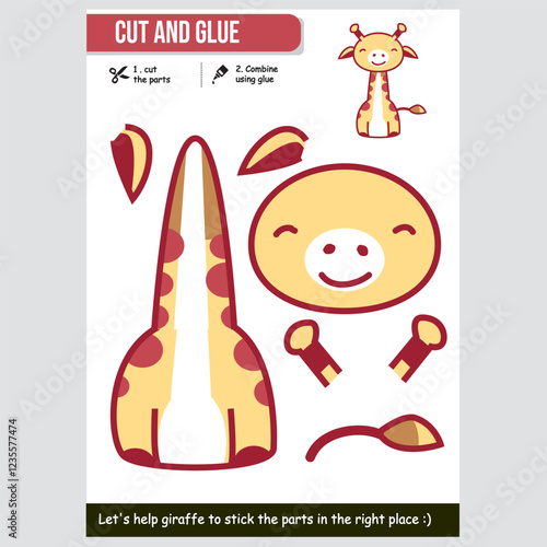 Fun giraffe cut and glue worksheet for children. Educational kids activity.
