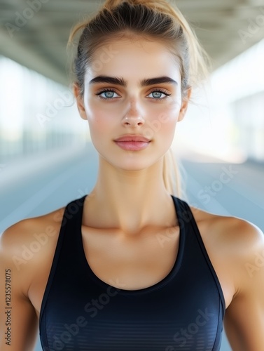 Free Download Close-up portrait of young woman in sportswear outdoors with natural beauty and glowing skin, looking into the camera - GFXLoad