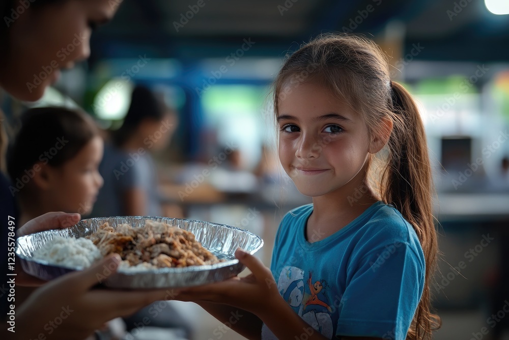 A young girl receives a meal, kindness and hope shines in her eyes, a heartwarming moment of generosity and compassion. A young girl receives a meal, kindness and hope shines in her eyes, a heartwarming moment of generosity and compassion.
