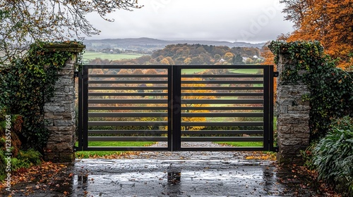 Modern gate overlooking autumn valley landscape, ideal for security or travel themes