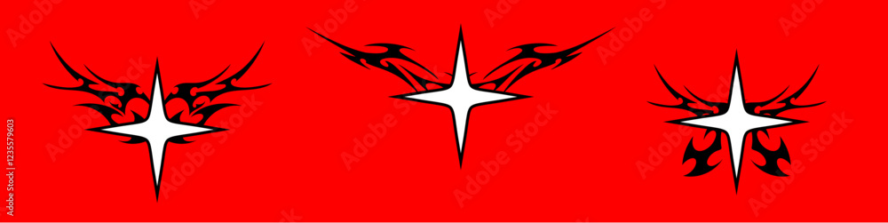 Star Shape with Neo tribal y2k gothic style tattoo Cyber sigilism spikes and sparks for streetwear print designs, spiky y2k aesthetic vector set Star Shape with Neo tribal y2k gothic style tattoo Cyber sigilism spikes and sparks for streetwear print designs, spiky y2k aesthetic vector set