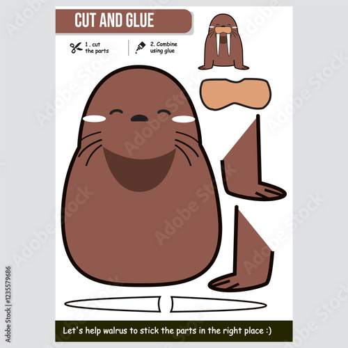 Fun walrus cut and glue worksheet for children. Educational kids activity.
