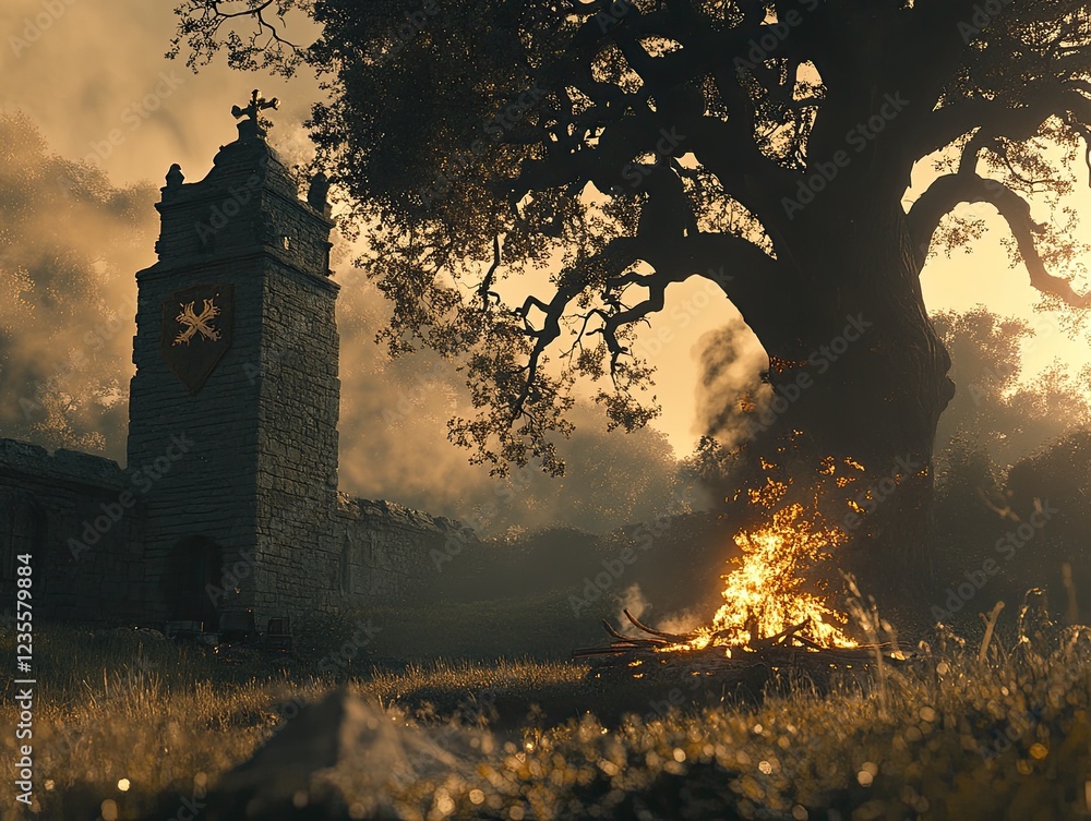 Fototapeta premium Misty dawn, bonfire, ancient stone tower, large tree.