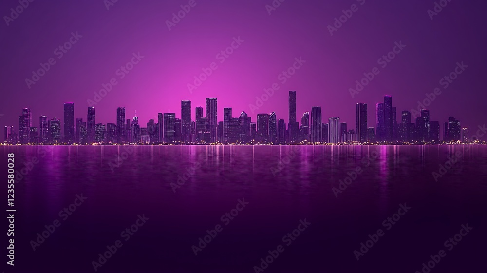 Fototapeta premium Purple City Skyline Reflected in Still Water at Night