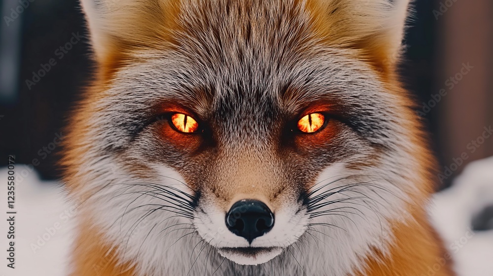 Obraz premium Fiery-eyed fox stares, snowy forest background, wildlife portrait