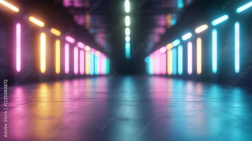 Fototapeta premium Neon lights illuminate a futuristic corridor reflecting on a glossy floor, creating a vibrant backdrop for product placement or design projects